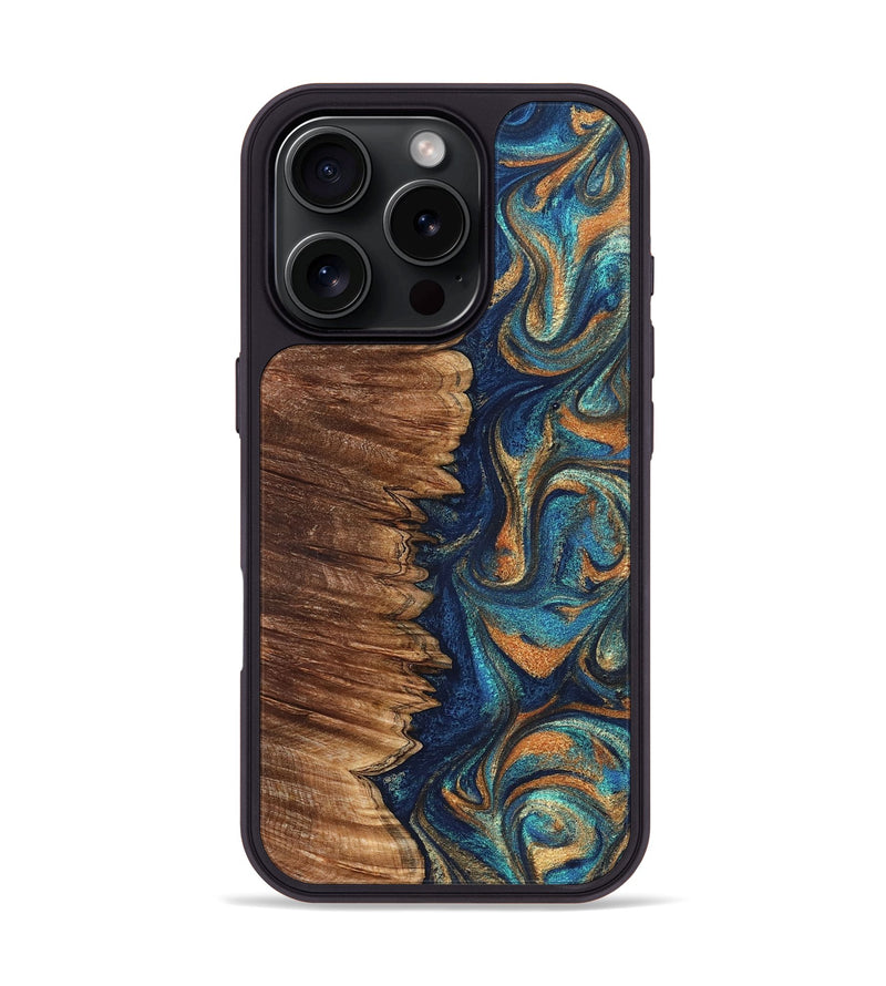 iPhone 16 Pro Wood Phone Case - Madden (Teal & Gold, 823692)