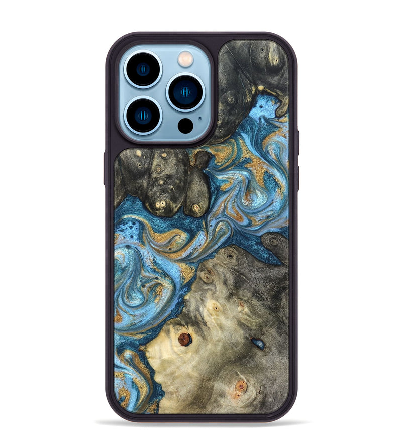 iPhone 14 Pro Max Wood Phone Case - Aarav (Teal & Gold, 823693)