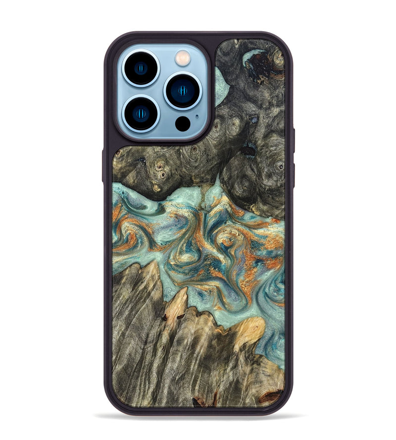 iPhone 14 Pro Max Wood Phone Case - Tracey (Teal & Gold, 823696)
