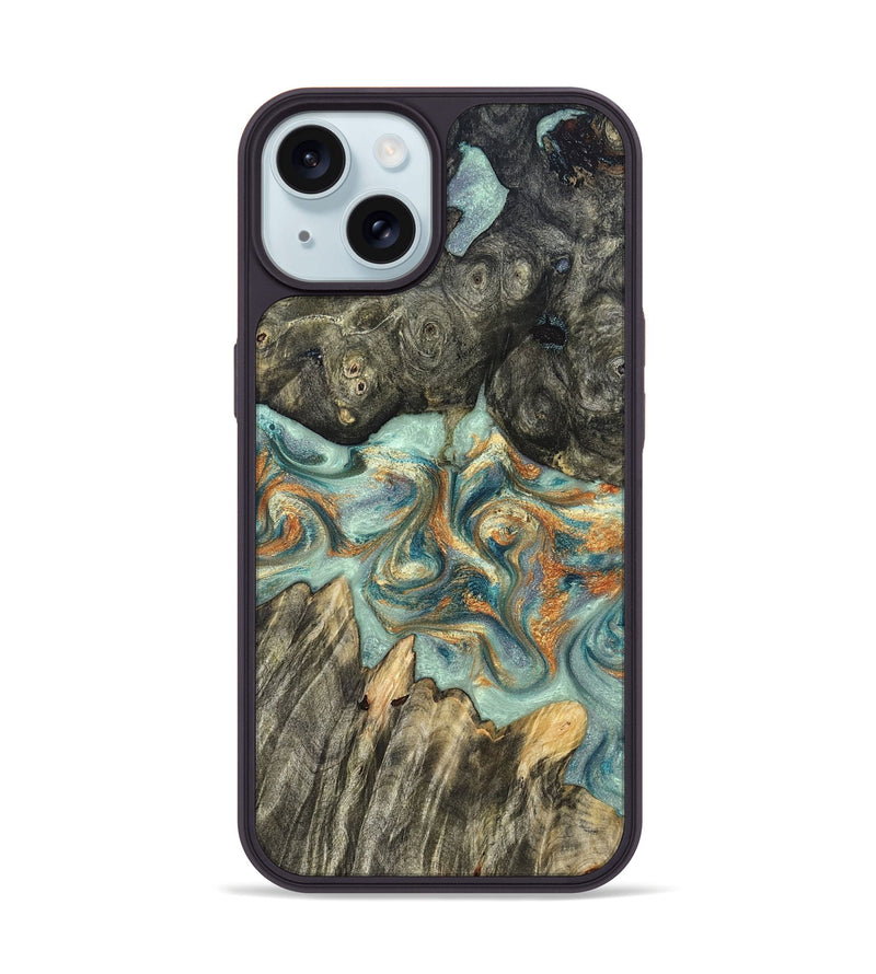 iPhone 15 Wood Phone Case - Tracey (Teal & Gold, 823696)