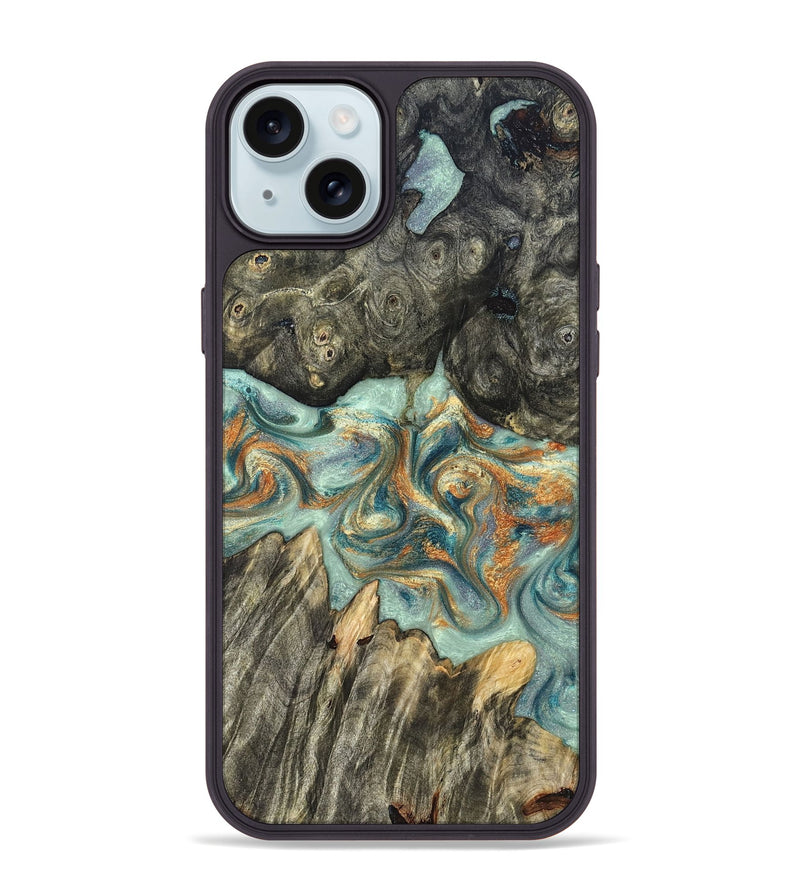 iPhone 15 Plus Wood Phone Case - Tracey (Teal & Gold, 823696)