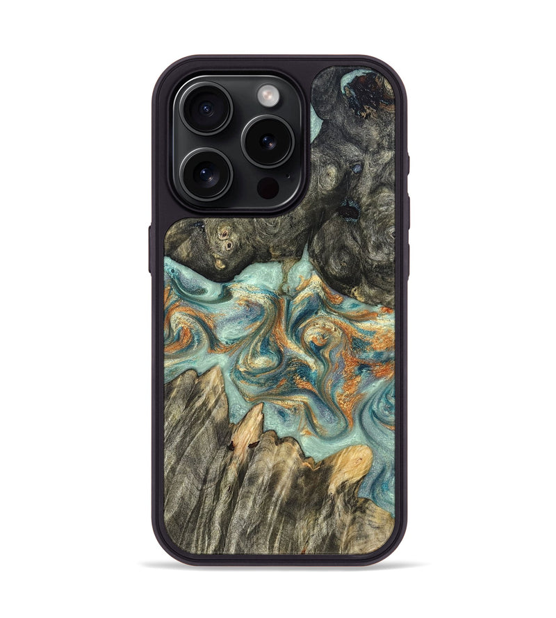 iPhone 15 Pro Wood Phone Case - Tracey (Teal & Gold, 823696)