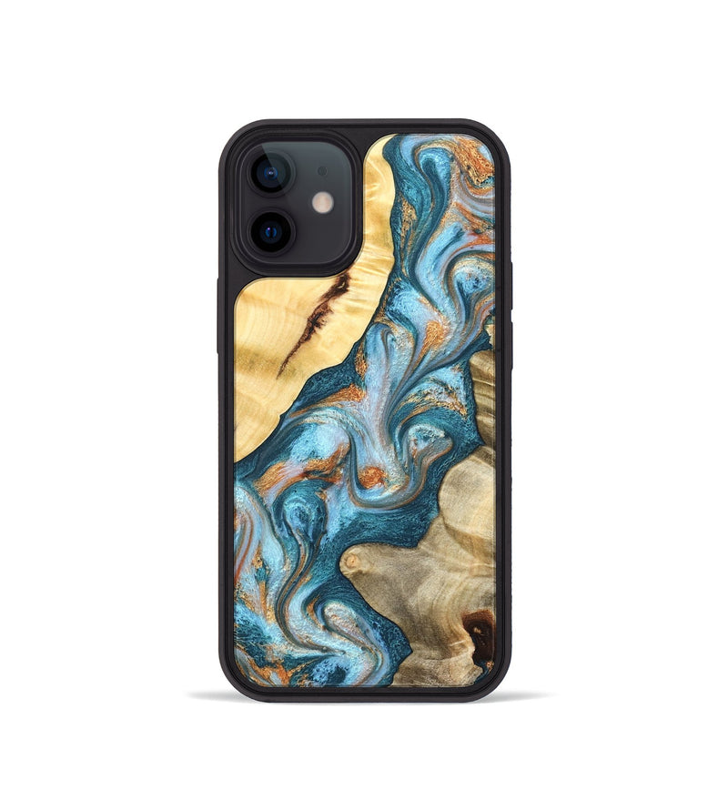 iPhone 12 mini Wood Phone Case - Obie (Teal & Gold, 823712)