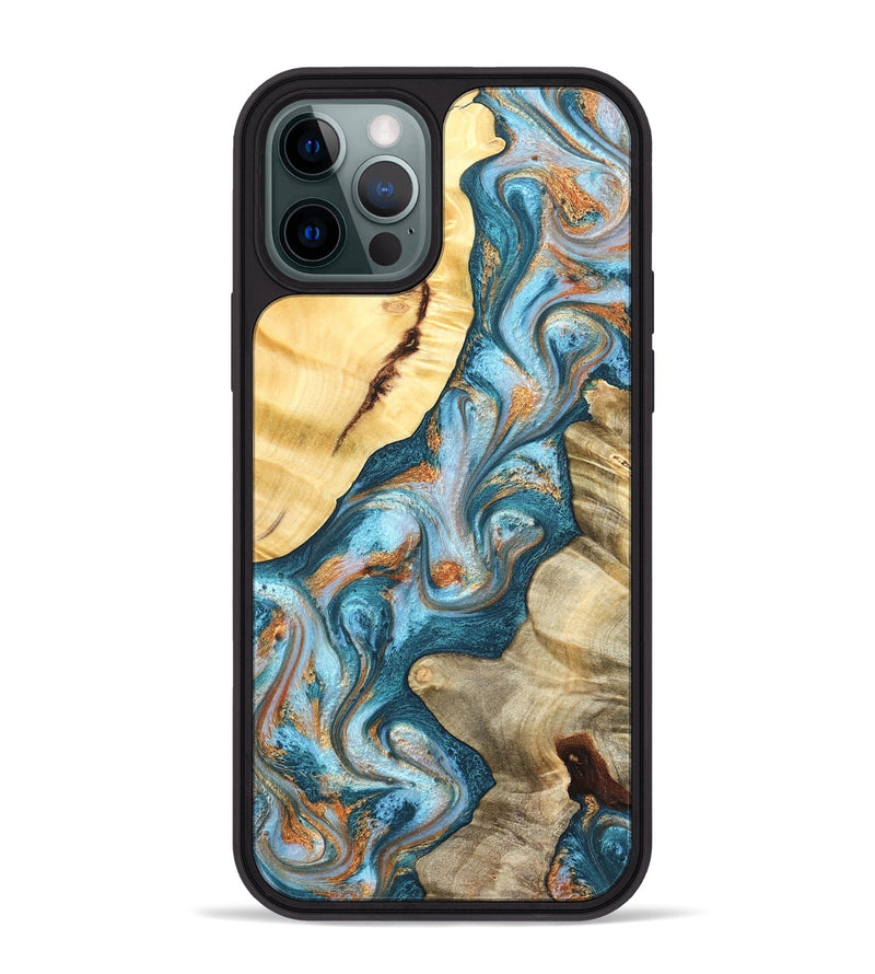 iPhone 12 Pro Max Wood Phone Case - Obie (Teal & Gold, 823712)