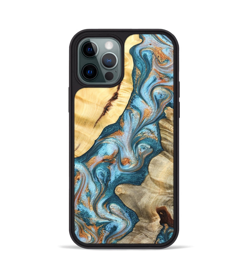iPhone 12 Pro Wood Phone Case - Obie (Teal & Gold, 823712)