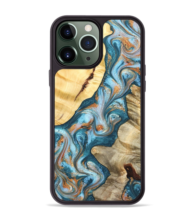 iPhone 13 Pro Max Wood Phone Case - Obie (Teal & Gold, 823712)