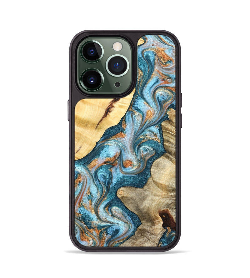 iPhone 13 Pro Wood Phone Case - Obie (Teal & Gold, 823712)