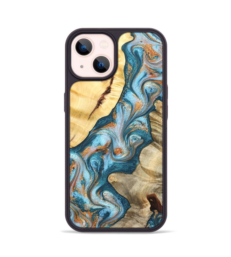 iPhone 14 Wood Phone Case - Obie (Teal & Gold, 823712)