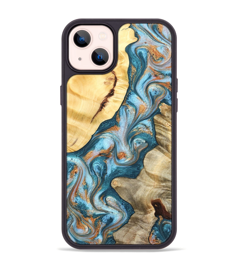 iPhone 14 Plus Wood Phone Case - Obie (Teal & Gold, 823712)