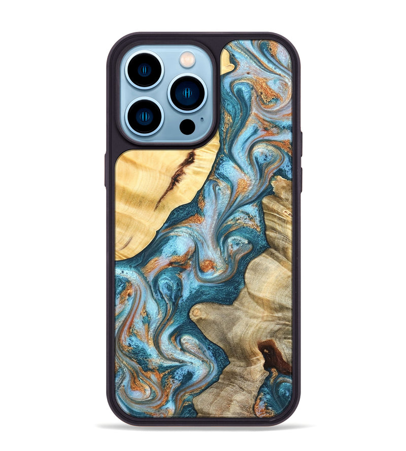 iPhone 14 Pro Max Wood Phone Case - Obie (Teal & Gold, 823712)