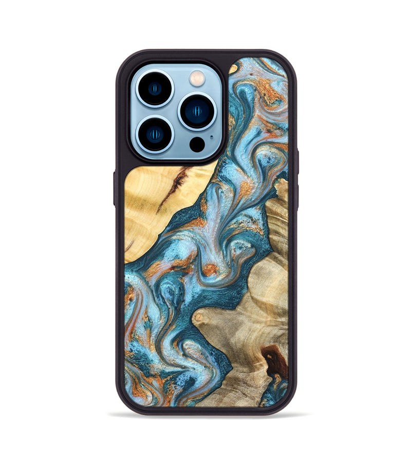 iPhone 14 Pro Wood Phone Case - Obie (Teal & Gold, 823712)