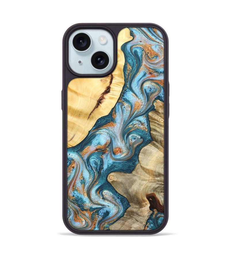 iPhone 15 Wood Phone Case - Obie (Teal & Gold, 823712)