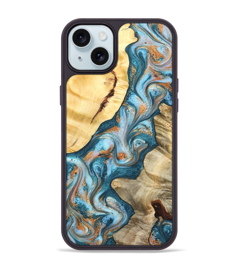iPhone 15 Plus Wood Phone Case - Obie (Teal & Gold, 823712)