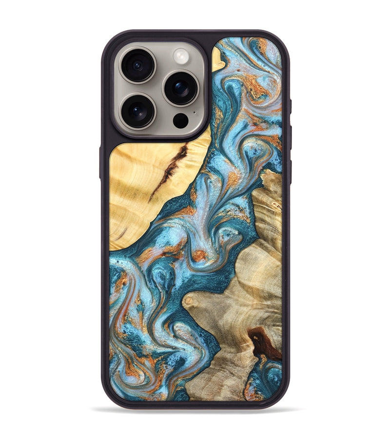iPhone 15 Pro Max Wood Phone Case - Obie (Teal & Gold, 823712)