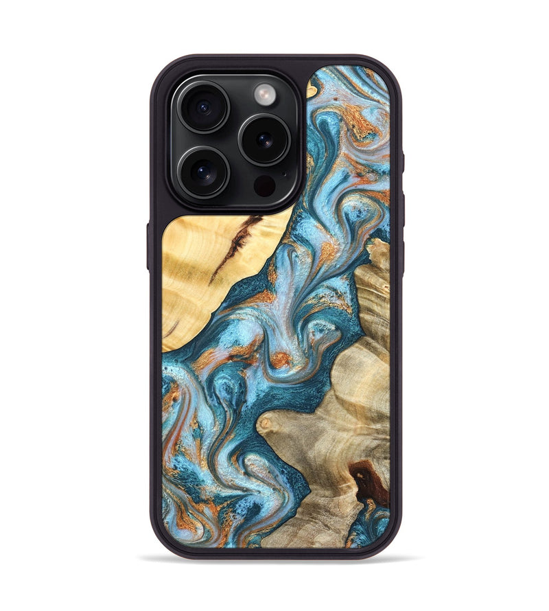 iPhone 15 Pro Wood Phone Case - Obie (Teal & Gold, 823712)