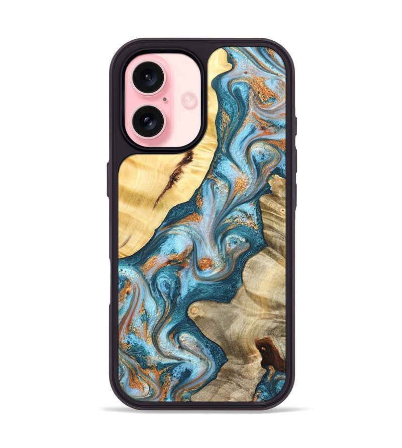 iPhone 16 Wood Phone Case - Obie (Teal & Gold, 823712)