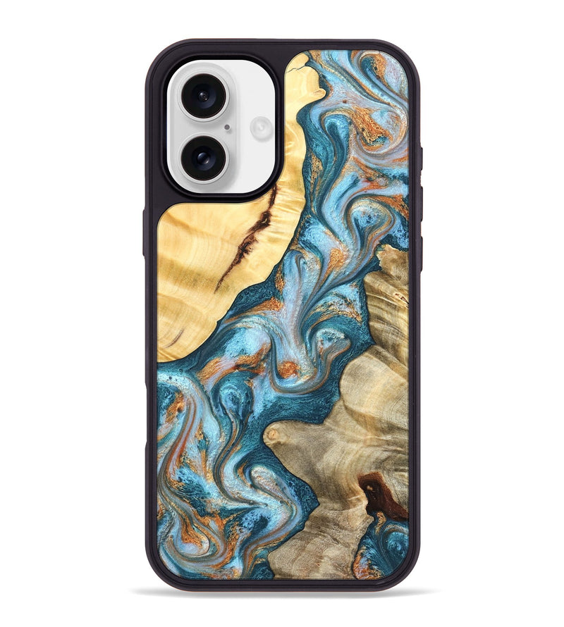 iPhone 16 Plus Wood Phone Case - Obie (Teal & Gold, 823712)