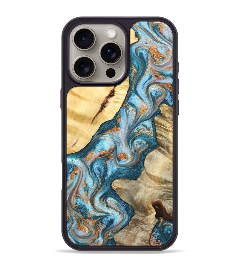 iPhone 16 Pro Max Wood Phone Case - Obie (Teal & Gold, 823712)