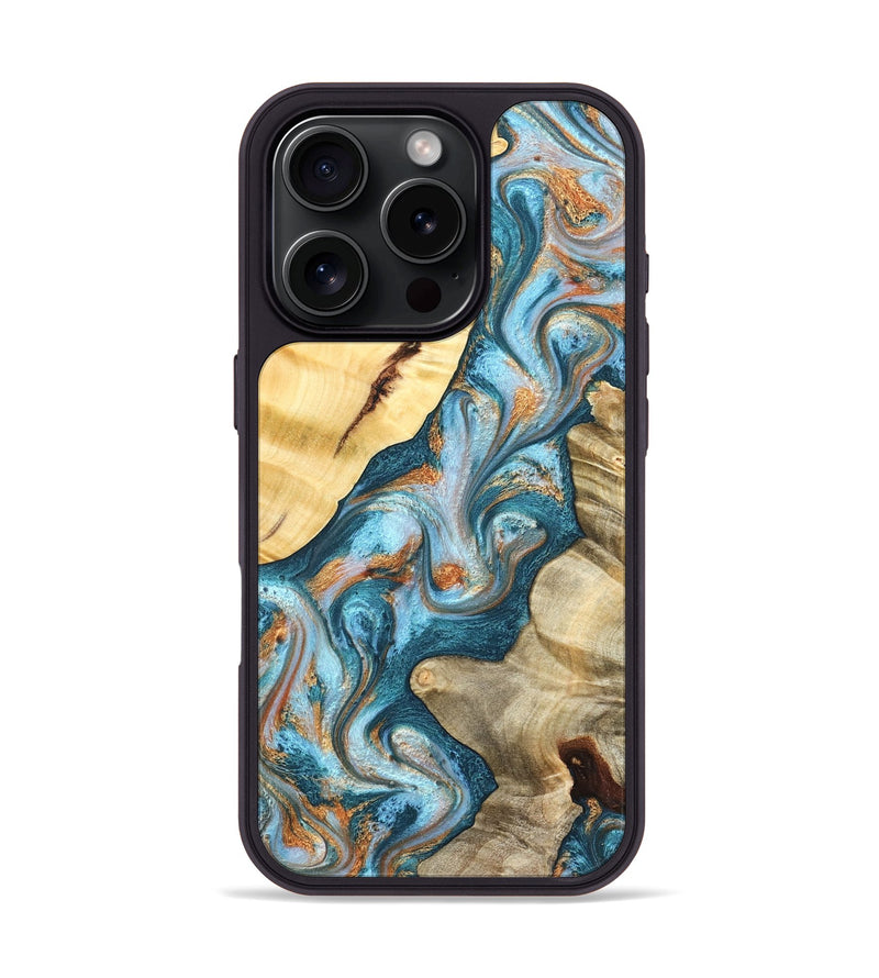 iPhone 16 Pro Wood Phone Case - Obie (Teal & Gold, 823712)
