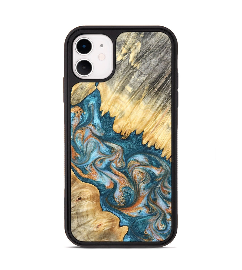 iPhone 11 Wood Phone Case - Carmine (Teal & Gold, 823722)