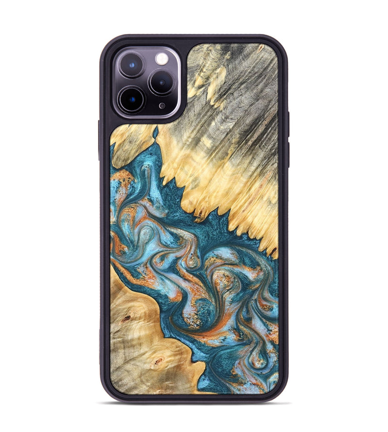 iPhone 11 Pro Max Wood Phone Case - Carmine (Teal & Gold, 823722)