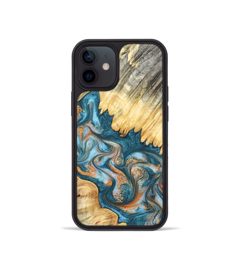 iPhone 12 mini Wood Phone Case - Carmine (Teal & Gold, 823722)