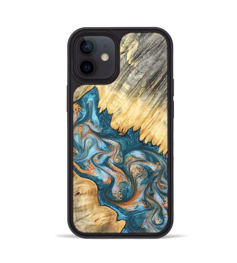 iPhone 12 Wood Phone Case - Carmine (Teal & Gold, 823722)