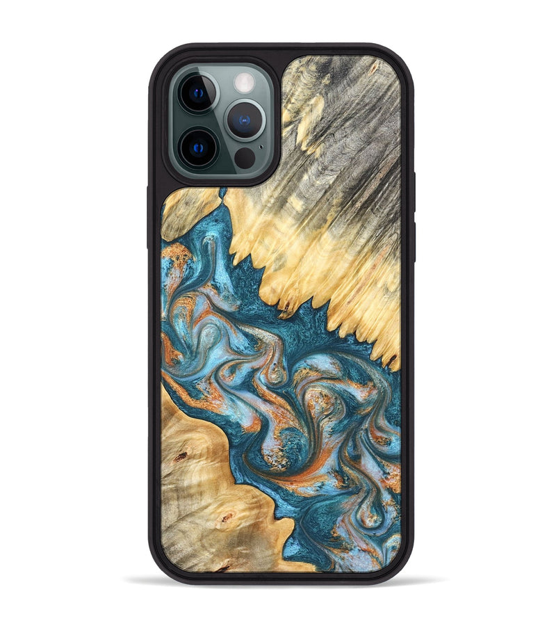 iPhone 12 Pro Max Wood Phone Case - Carmine (Teal & Gold, 823722)