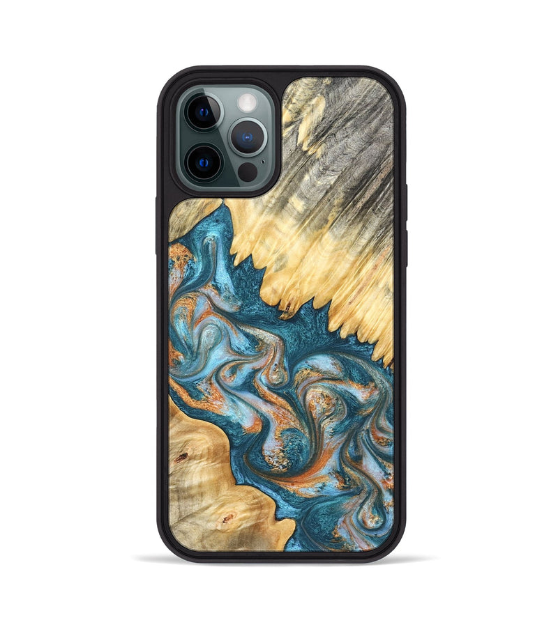 iPhone 12 Pro Wood Phone Case - Carmine (Teal & Gold, 823722)