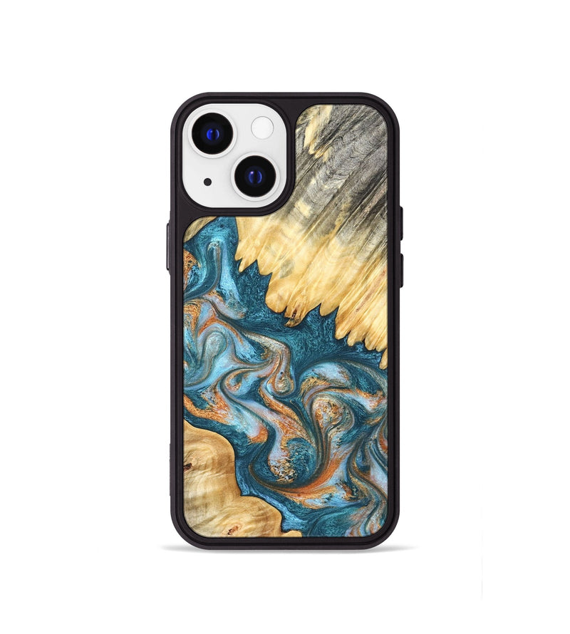 iPhone 13 mini Wood Phone Case - Carmine (Teal & Gold, 823722)