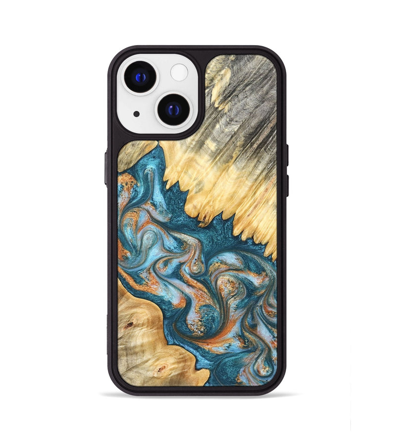 iPhone 13 Wood Phone Case - Carmine (Teal & Gold, 823722)