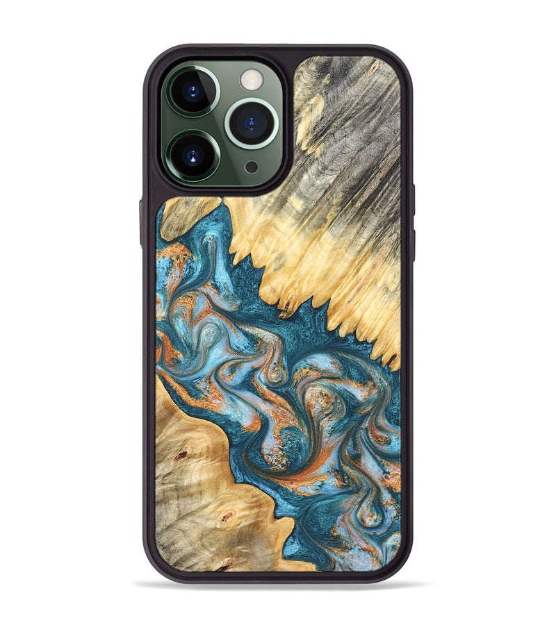 iPhone 13 Pro Max Wood Phone Case - Carmine (Teal & Gold, 823722)