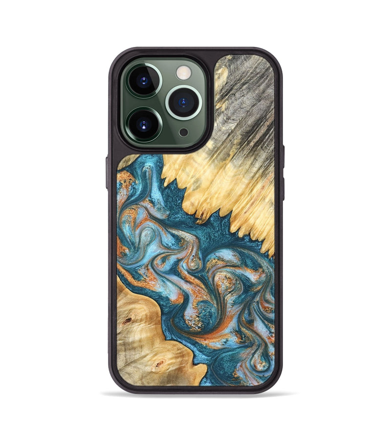 iPhone 13 Pro Wood Phone Case - Carmine (Teal & Gold, 823722)