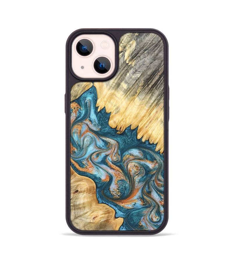 iPhone 14 Wood Phone Case - Carmine (Teal & Gold, 823722)