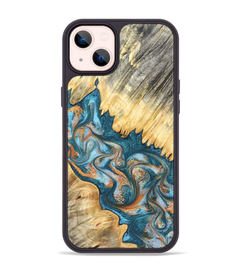 iPhone 14 Plus Wood Phone Case - Carmine (Teal & Gold, 823722)