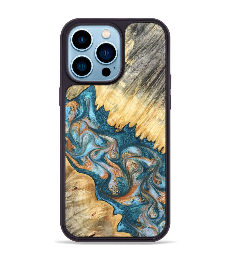 iPhone 14 Pro Max Wood Phone Case - Carmine (Teal & Gold, 823722)