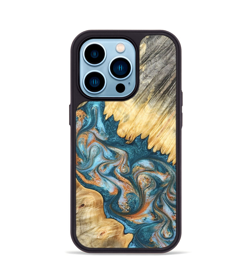 iPhone 14 Pro Wood Phone Case - Carmine (Teal & Gold, 823722)