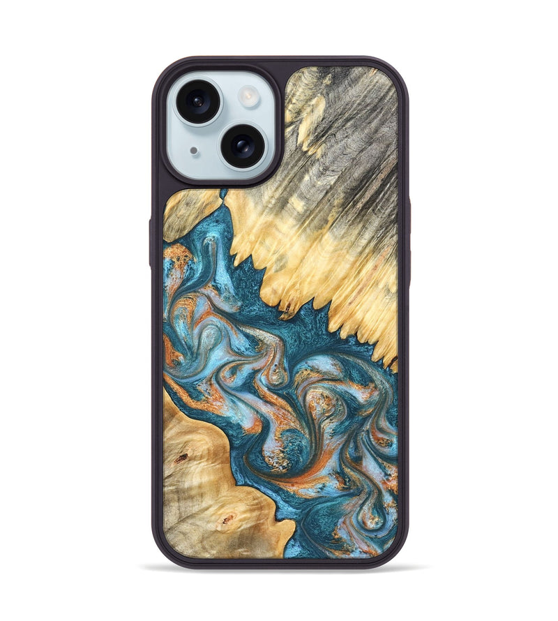 iPhone 15 Wood Phone Case - Carmine (Teal & Gold, 823722)