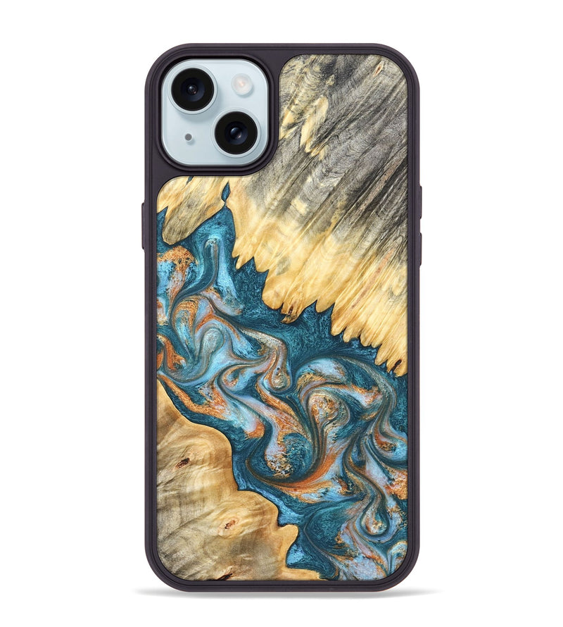 iPhone 15 Plus Wood Phone Case - Carmine (Teal & Gold, 823722)