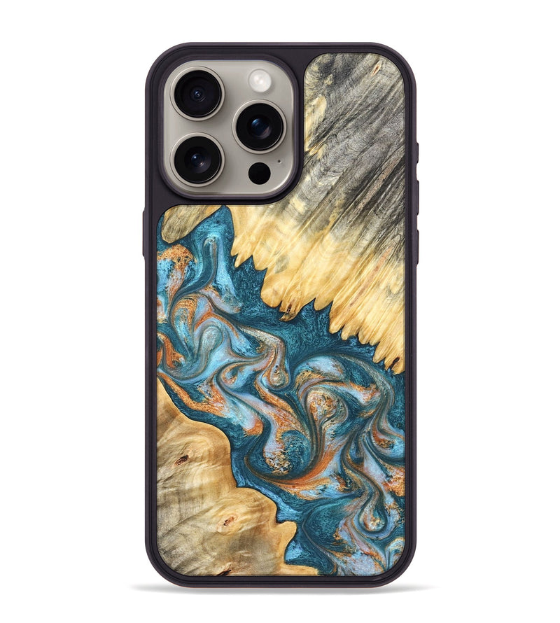 iPhone 15 Pro Max Wood Phone Case - Carmine (Teal & Gold, 823722)