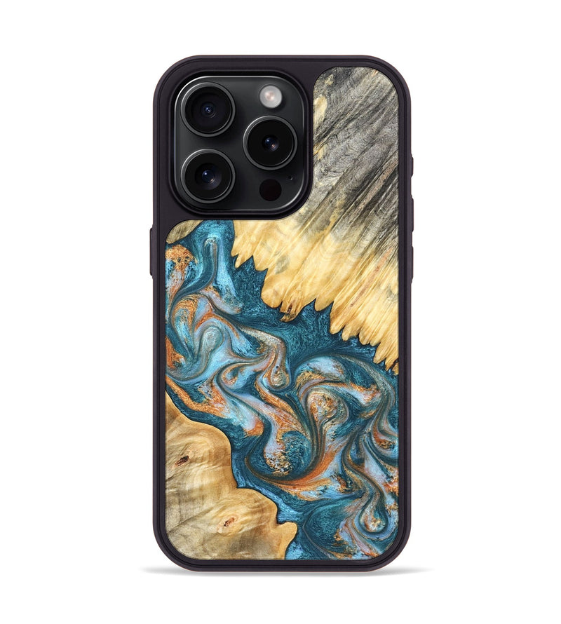iPhone 15 Pro Wood Phone Case - Carmine (Teal & Gold, 823722)