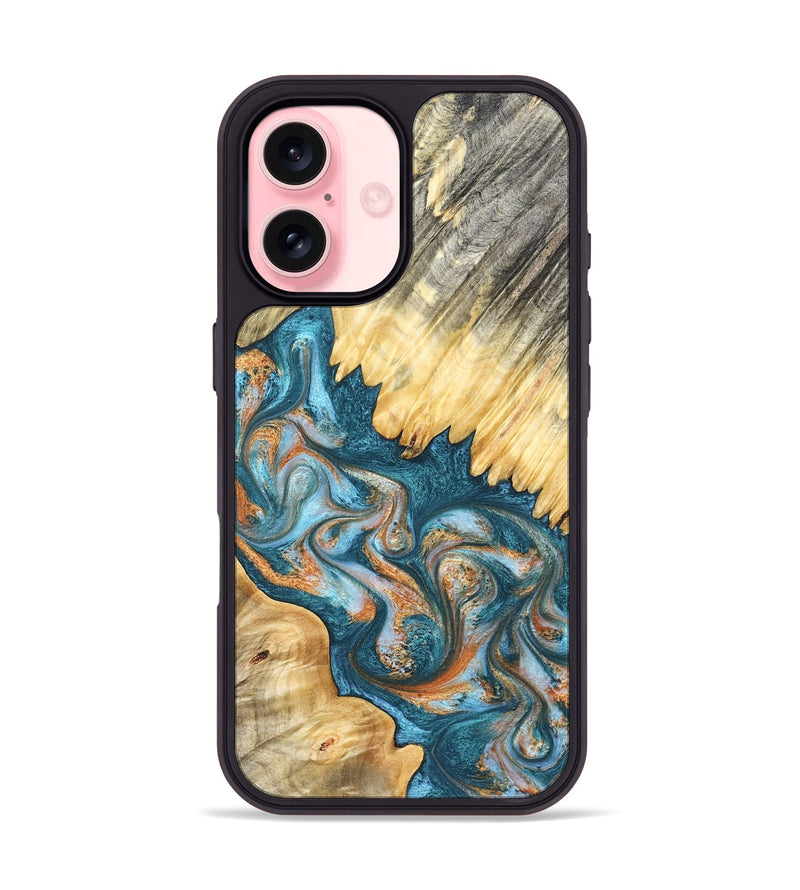 iPhone 16 Wood Phone Case - Carmine (Teal & Gold, 823722)
