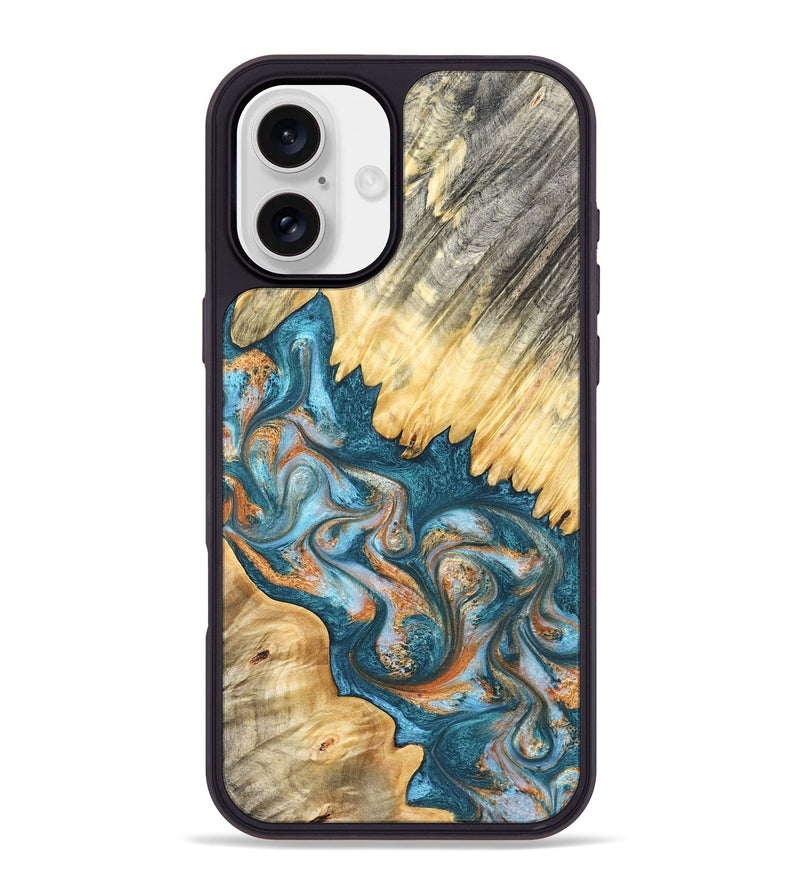 iPhone 16 Plus Wood Phone Case - Carmine (Teal & Gold, 823722)