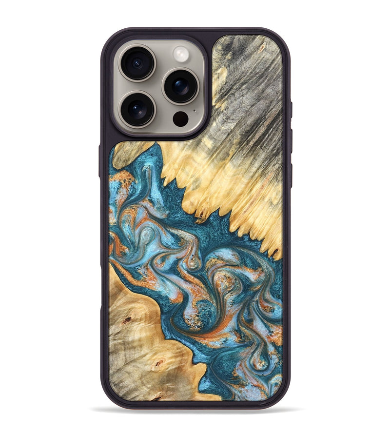 iPhone 16 Pro Max Wood Phone Case - Carmine (Teal & Gold, 823722)