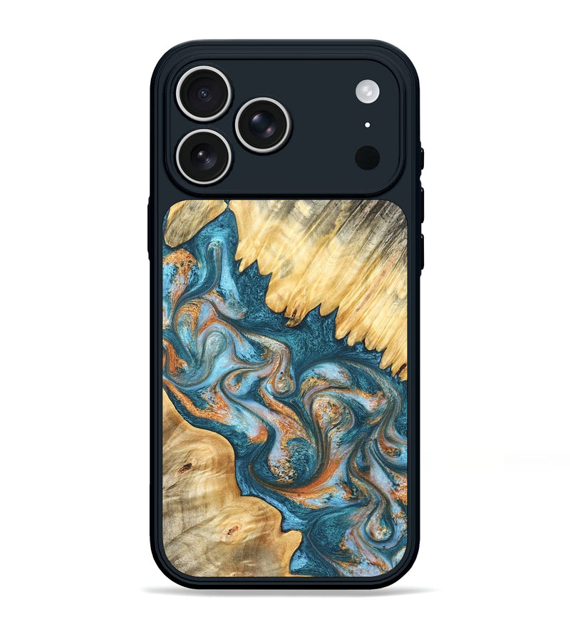 iPhone 17 Pro Max Wood Phone Case - Carmine (Teal & Gold, 823722)