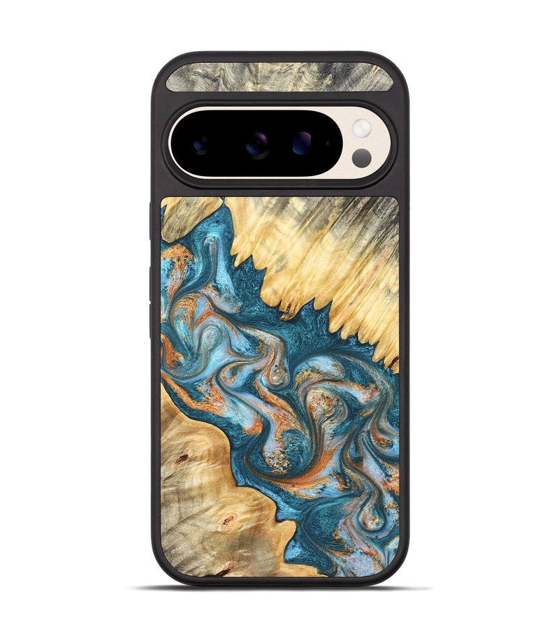 Pixel 10 Wood Phone Case - Carmine (Teal & Gold, 823722)