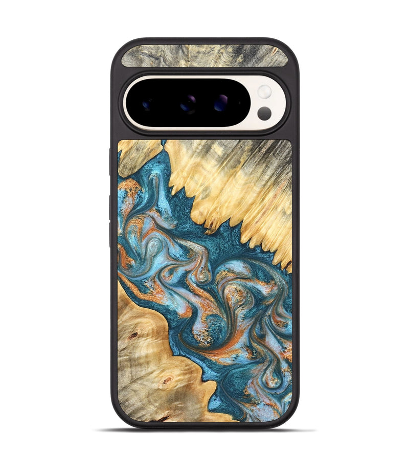 Pixel 9 Pro Wood Phone Case - Carmine (Teal & Gold, 823722)