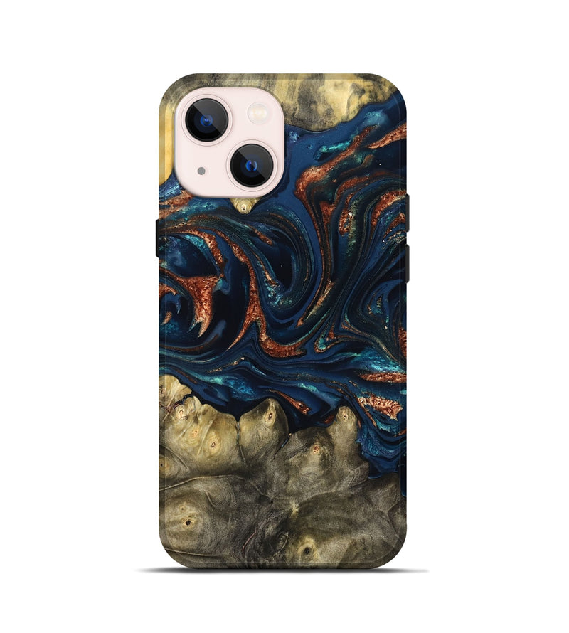 iPhone 13 mini Wood Live Edge Phone Case - Jerald (Teal & Gold, 823730)