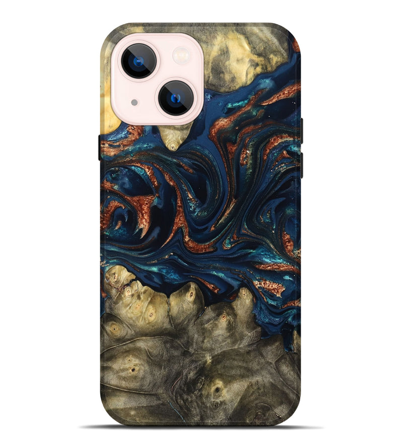 iPhone 14 Plus Wood Live Edge Phone Case - Jerald (Teal & Gold, 823730)