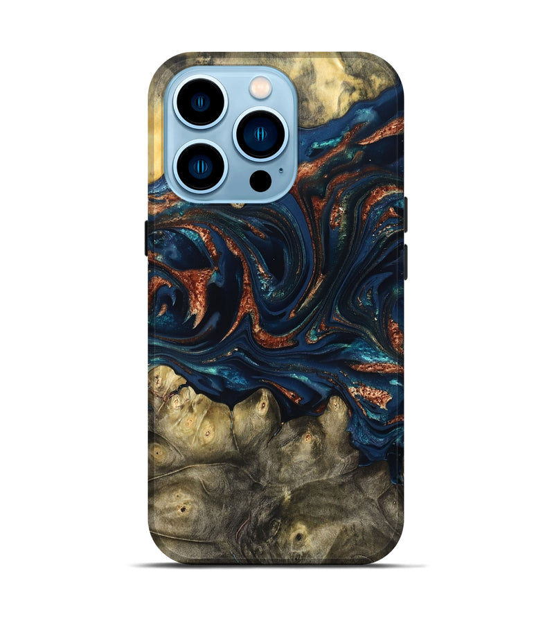 iPhone 14 Pro Wood Live Edge Phone Case - Jerald (Teal & Gold, 823730)